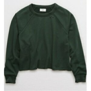 Aerie Sunday Soft Cropped Crew Sweatshirt Dark Green Distressed